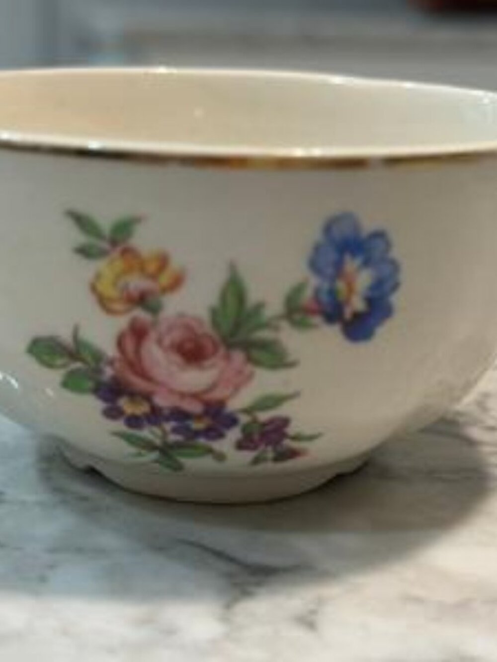 Antique English Ceramic Bowl with Hand-Painted Floral Decoration & Gilt Rim